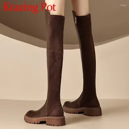 Stiefel Krazing Topf Kuh geteilte Ledermedierungen Dünne Bein runde Zehen wasserdichtes Spleißen großer Retro Mode Reißverschluss Over-the-Knie