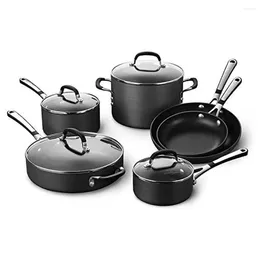 Köksredskap uppsättningar 10-delade nonstick kök set med vistelse-coola handtag rostfritt stål svart slitstarka anodiserade aluminium motstår korrosion