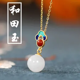 S925 Sterling Silver White Jade Collana Gold Placed Style Palace Hottan Red Hottan Jade Burning Blue Round Bead Ciondolo