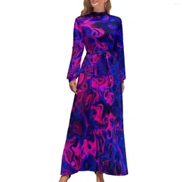 Casual Dresses Colorful Liquid Dress Abstract Marble Design Street Fashion Boho Beach Woman Long Sleeve High Neck Sexy Maxi