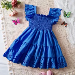 Девушка платья летние маленькие девочки кружевные рукава рукава 2024 Праздничное повседневное платье Принцесса день рождения голубо