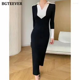 Casual Dresses BGTEEVER Stylish Patchwork Bodycon Women Knitted Dress Autumn Winter Elegant V-neck Long Sleeve Female Package Hip