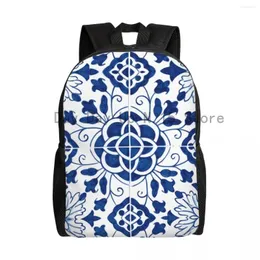 Backpack Blue português porcelana laptop laptop homem homem bookbag de moda para estudantes universitários bolsa de padrões de flores