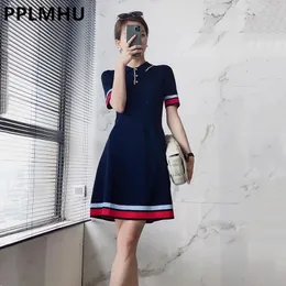 Polo Collar Knit Dresses For Women Summer Short Sleeve Slim Elegant Party Dress Casual Chic Korean Stripe Vestido Feminino 240425