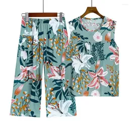 Running Sets Women Pyjama Set Flower Print Mitte des Mutterpyjamas mit locker plissierten Weste mit weitem Beinhosen für Homewear Loungewear