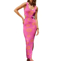 Women Cutout Knit Long Dress Evening Party Summer Clothes Floral Chic and Elegant Sleeveless Bodycon Sexy Club Streetwear 240426