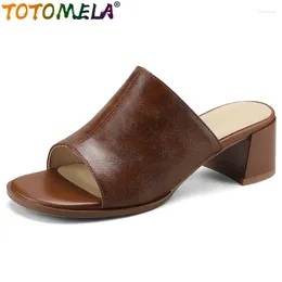 Slippers TOTOMELA Size 33-43 Genuine Leather Summer Shoes Retro Ladies Casual Women 2024 Square Med Heels