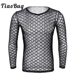 T-Shirts Tiaobug Men Mesh Seethrough Fishnet Sheer Tshirt Long Sleeve Pullover Club Party Undershirt Black White Transparent Sexy Tops