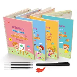 Anteckningar 4 French 3D Groove Children Magic Book Learning Calligraphy Copybook Letter Numbers Matematik Ritning Skrivande träningsböcker Notbok