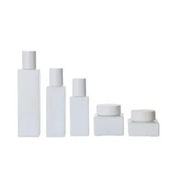 Glassåfyllningsbar flaskelotionspump 120 ml 100 ml 50 ml 30 ml 30g 50g fyrkantig kosmetisk essens emulsion makeup container vitt lock 30g 50 g pärla vit tom grädde burkar