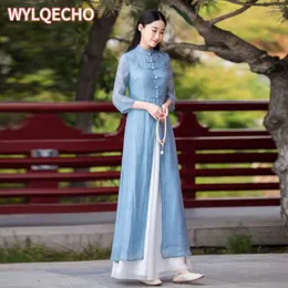 Etniska kläder blå kinesisk stil klänning cheongsam kvinnor modern förbättrar eleganti långa qipao vårens höst vintage kvinnlig vietnam ao dai