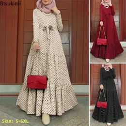 2024 Donne Pois Dot Abito a maniche lunghe Dressante Cinture eleganti abiti sciolti maxi abito donna musulmana kaftan marocco abaya hijab s-5xl 240415