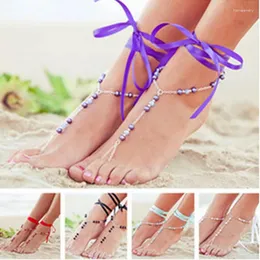 Anklets Summer Beach Barefoot Anklet Crochet Ankle Sandals Bracelet Chain With Ribbon Bohemia Style Party Foot Shoes Ornament 1Pc