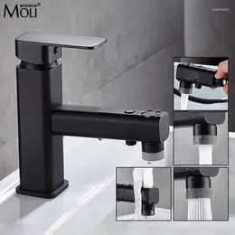 Смесители раковины ванной комнаты с одной ручкой черный кран с вытягивающим распылителем три режима потока воды.