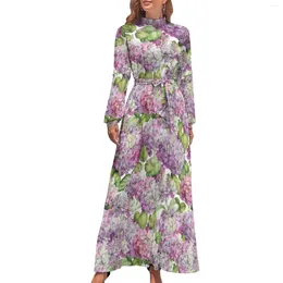 Casual Dresses Hydrangea Floral Dress Long-Sleeve Pink Lavender Print Vintage Maxi High Neck Street Fashion Design Bohemia Long