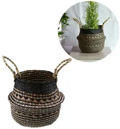 Handgefertigtes Bambus gewebter Blumenkorb Schwarzer Gitter Stroh Wicker Dirty Laundry Organizer Faltbare Seegras Aufbewahrungskörbe Plant Pot4033037