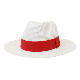 Moda Summer Casual Unisex Beach Brim Jazz Sun Hat PanamA Papel Straw Mulheres Cap com fita vermelha 240423