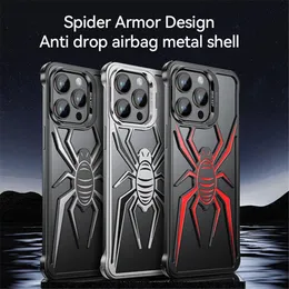 Spider Metal Corner Airbag -fodral för iPhone 13 14 15 Pro Max Camera Ring Holder Back Cover