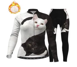 2021 Women039s Langarm Radfahren mit Strumpfhosen Winter Fleece Polyester Blackwhite Cat Animal Bike Cloding Suit8429399