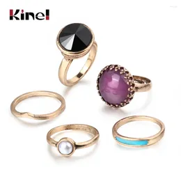 Anelli a grappolo Kinel Luxury 5pcs/Set Boemia Midi Anello per donne Oro Colore Oro Etnico Punk Vintage Punk Big Black