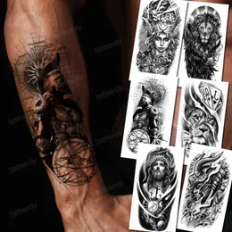 CRC4 Tattoo Transfer Black Temporary Tattoo Stickers Animal Dark Forest Robot Lion King Tattoos Fake Water Transfer Dragon Wolf Sleeve Tattoo Men 240426