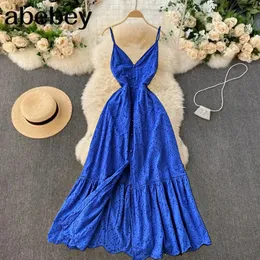 Bohemian Summer Beach Hollow Out Long Dress Sexy Women V-образное вырезок с высокой талией одиночной грудью A-Line Big Swing vestidos Robe 240425