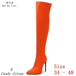 Boots Spring Autumn Women Over the Knee Long 12 cm Sapatos de salto de altura 6 Candy Color Woman Thin Plus Tamanho 34 - 48