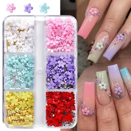 6Grids Acrylic Flower 3D Nail Art Decorations Resin Charms Gold Beads Caviar Pearl Mixed s Accessories Manicure 240425