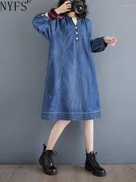 Partykleider NYFS 2024 Spring Vintage Stickerei Denim Damen Vestidos Robe Elbise Lose Plus Size V-Ausschnitt Langes Kleid