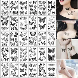 Tatueringsöverföring 30st/parti 3D Butterfly falska tatueringar klistermärken för kvinna flickor svart överföring tatuering tillfällig liten axel handled kropp tatouage 240426