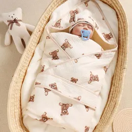 Decken Baby Swadding Decke 4 Schichten Baumwoll Gaze Nachtwäsche für geborene weiche Kapuze -Druck -Ohr -Design Kinder