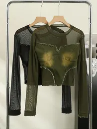 Camiseta de moda para mulheres o pescoço de gaze de gaze de gaze streetwear feminino sólido americano retrô slim tshirts gota de outono 240417