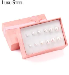 Luxusteel pinkwhite Süßwasserperlenstollen Ohrring -Sets Edelstahl 6pairsboxen Ohrringe für Frauen Pendientes Mujer Party5389347