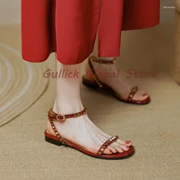 Casual Shoes 2024 Arrival Flat Leather Round Toe Rivet Ankle Buckle Sandals TPR Summer Dress Breathable Cosy Women Soft