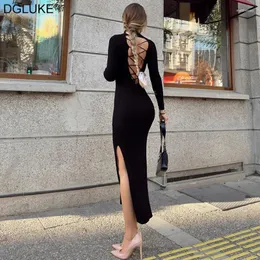 Casual Dresses Criss Cross Backless Maxi Dress Mock Neck Long Sleeve Bodycon Black Evening Party for Women 2024