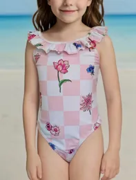 Designer Girls Flowers Printed One-Piece Swimsuit Kids Falbala One Shoulder Letter Swim Summer Beach Bathing Duits Fashion Children Holiday Spa Swimming S1349