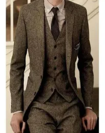 رجال خمر دعاوى Tuxedos Wool Tweed 3piece Brown Phanringbone Suit Custom Slim Fit Groom Wear Tuxedos6706838