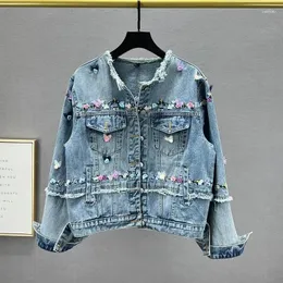 Jackets femininas Spring Women Women vintage azul de jeans de jeans de bordado de bordado de bordado