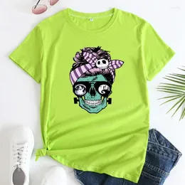 Camisetas femininas Halloween Skull com camisa de pão bagunçada Mulheres de terror assustador mamãe vida gótica camisetas