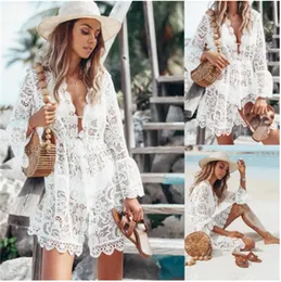 Summer Lace Women Sexy Crochet Bikini Cover Up Floral White Black Swimwear Beach Suit Dress Tops 240417