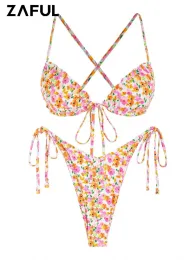 Set ZAFUL Ditsy Floral Swimsuit Bikini Set Swimwear Printed Frilled Tie Side Criss Cross High Leg Bohemian Padded Bikini Top Beach