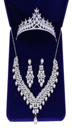 Crystal Pearl Bridal Jewelry Sets Hochzeit Kronen Halskette mit Ohrringen Braut Haar Ornament Choker für Frauen Accessoires 2203303258890