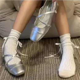 Casual Shoes Spring Square Toe Ballet Fashion Low Heel Mary Jane Casaul Silver Cross Buckle Shallow Soft Sole