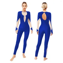 Stage Wear Womens Ballet Dance Gymnastics Leotard Figure Skating Acrobatics Yoga Performance Costume Long Sleeve Shiny Rhinestones Jumpsuit