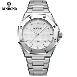 Armbanduhr Binbond Mens Top Royal Casual Large Dial Silver Edelstahl Kalender Quarz Uhr Klassiker GLOW B0233 Q240426