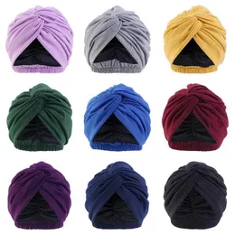 Bandanas Durag Womens Doppelschicht Satinschleimhaut Elastic Turbine Hut mit Cross Fleated Edge Chemical Sleep Hut Twisted Bandanas Muslim Headscarf Indian Hut 240426