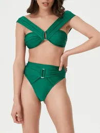 Костюма Fashion Women Sexy Highwaisted Green Retro Solid Color Bikini Brap Grap Style Стиль двойной купальник без спинки на Лонг -Бич