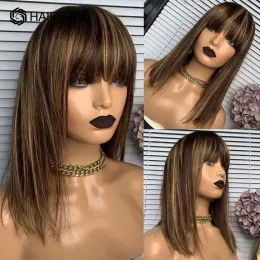 Wigs Wigs Human Hair Cameral Brown Highlight Shoulder Long Lace Front Wig with Bang Ombre Straight Bob Cut Wigs for Women American