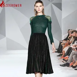 Arbeitskleider Zeeromer 2024 Herbst 2 Stück Anzüge Frauen Grüne Rüschen Stricker Pullover Bling Long Faltenfarben gestreiftes Rock Set