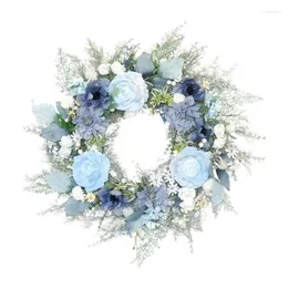 Decorative Flowers 20" Rose Flower Wreath Handmade Blue Floral Artificial Spring